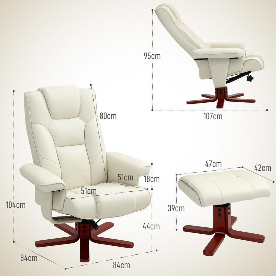 Northio Fauteuil de relaxation avec tabouret, fauteuil TV avec fonction inclinable, fonction berçante, fauteuil inclinable rembourré avec dossier réglable, jusqu'à 150 kg, pour salon, simili cuir, blanc crème  