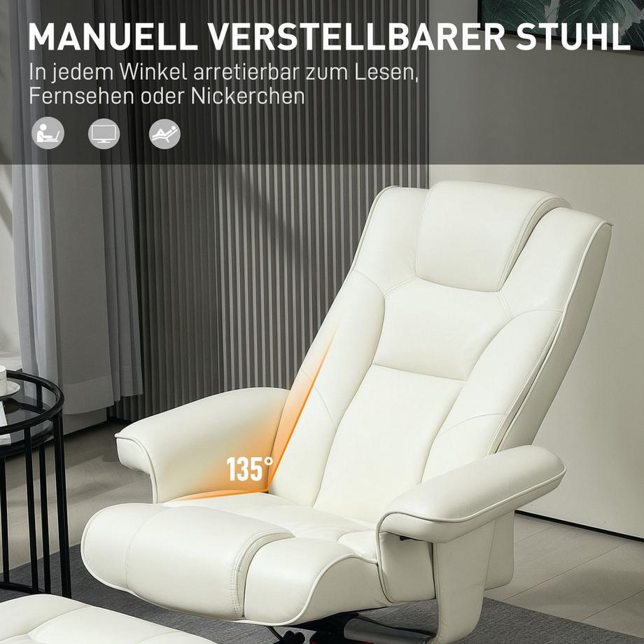 Northio Fauteuil de relaxation avec tabouret, fauteuil TV avec fonction inclinable, fonction berçante, fauteuil inclinable rembourré avec dossier réglable, jusqu'à 150 kg, pour salon, simili cuir, blanc crème  
