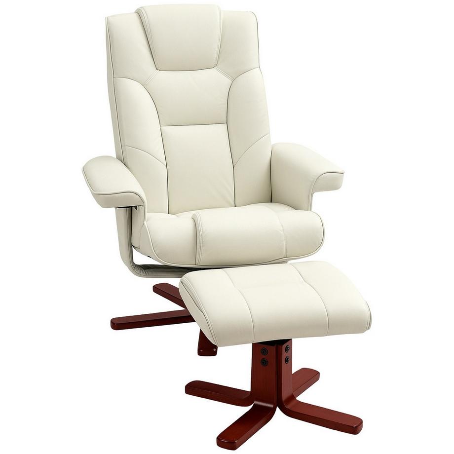 Northio Fauteuil de relaxation avec tabouret, fauteuil TV avec fonction inclinable, fonction berçante, fauteuil inclinable rembourré avec dossier réglable, jusqu'à 150 kg, pour salon, simili cuir, blanc crème  