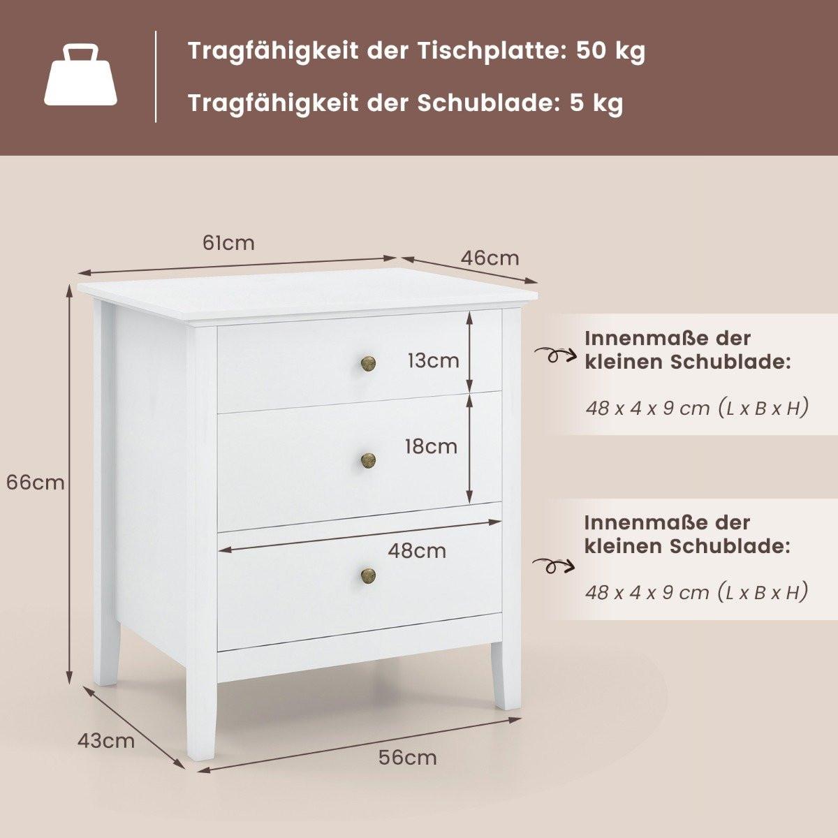Northix Nachttisch mit 3 Schubladen Nachtschrank für Boxspringbett 56 x 45 x 66 cm Weiß  