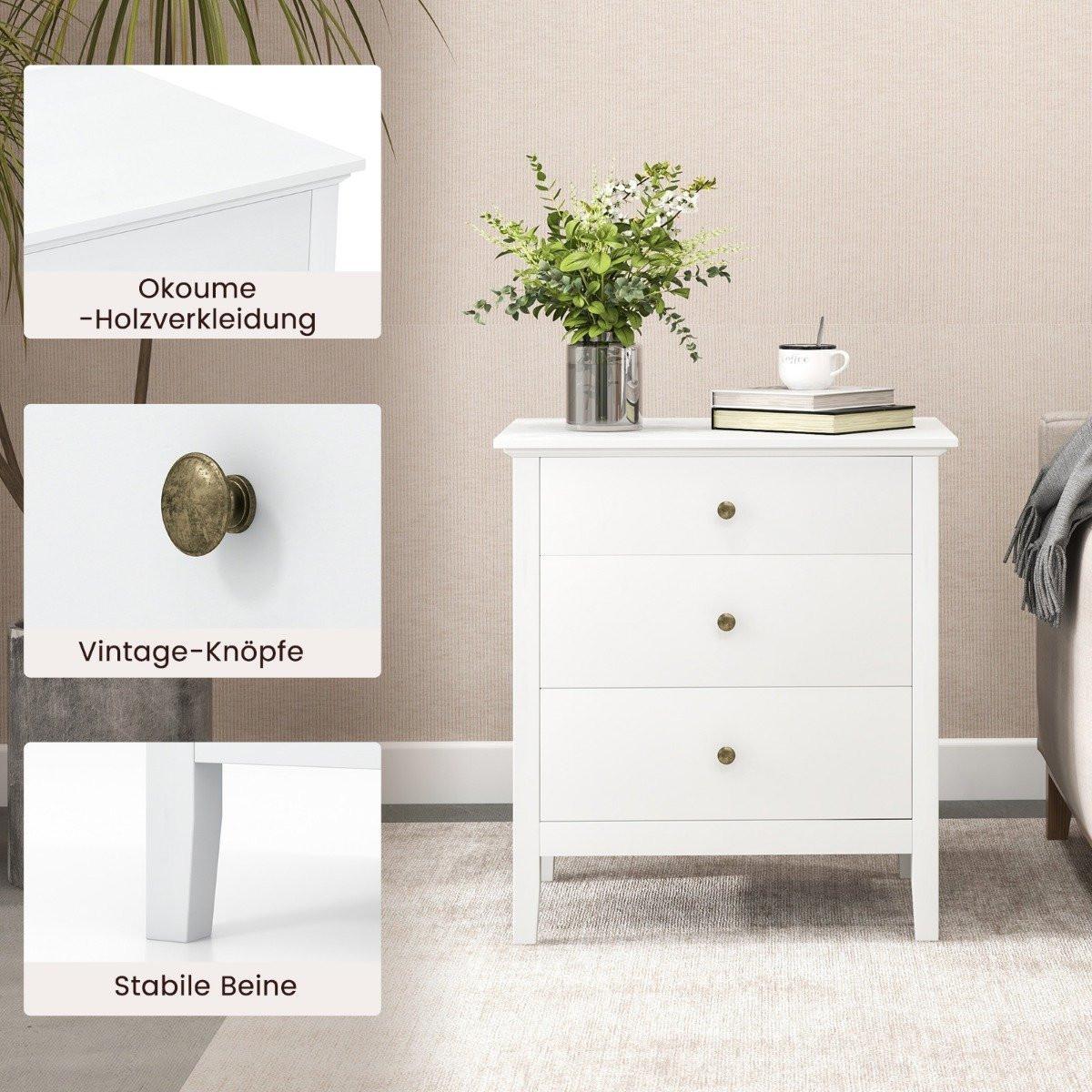 Northix Nachttisch mit 3 Schubladen Nachtschrank für Boxspringbett 56 x 45 x 66 cm Weiß  