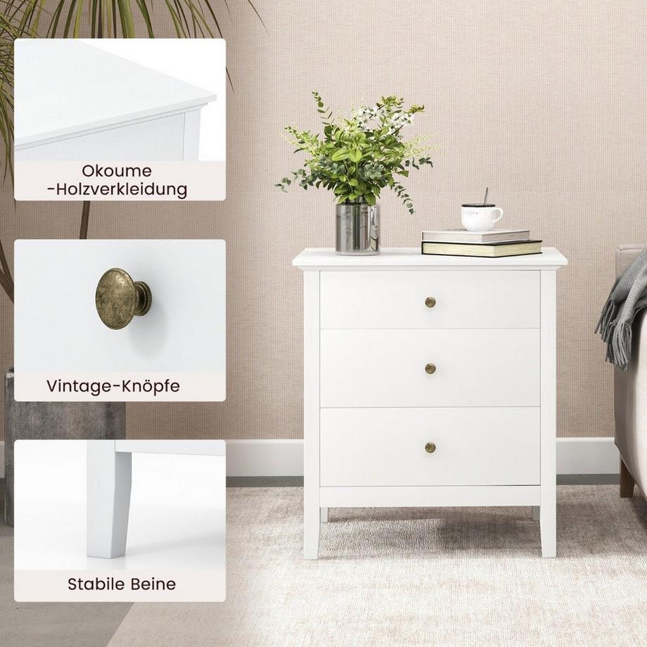 Northix Nachttisch mit 3 Schubladen Nachtschrank für Boxspringbett 56 x 45 x 66 cm Weiß  