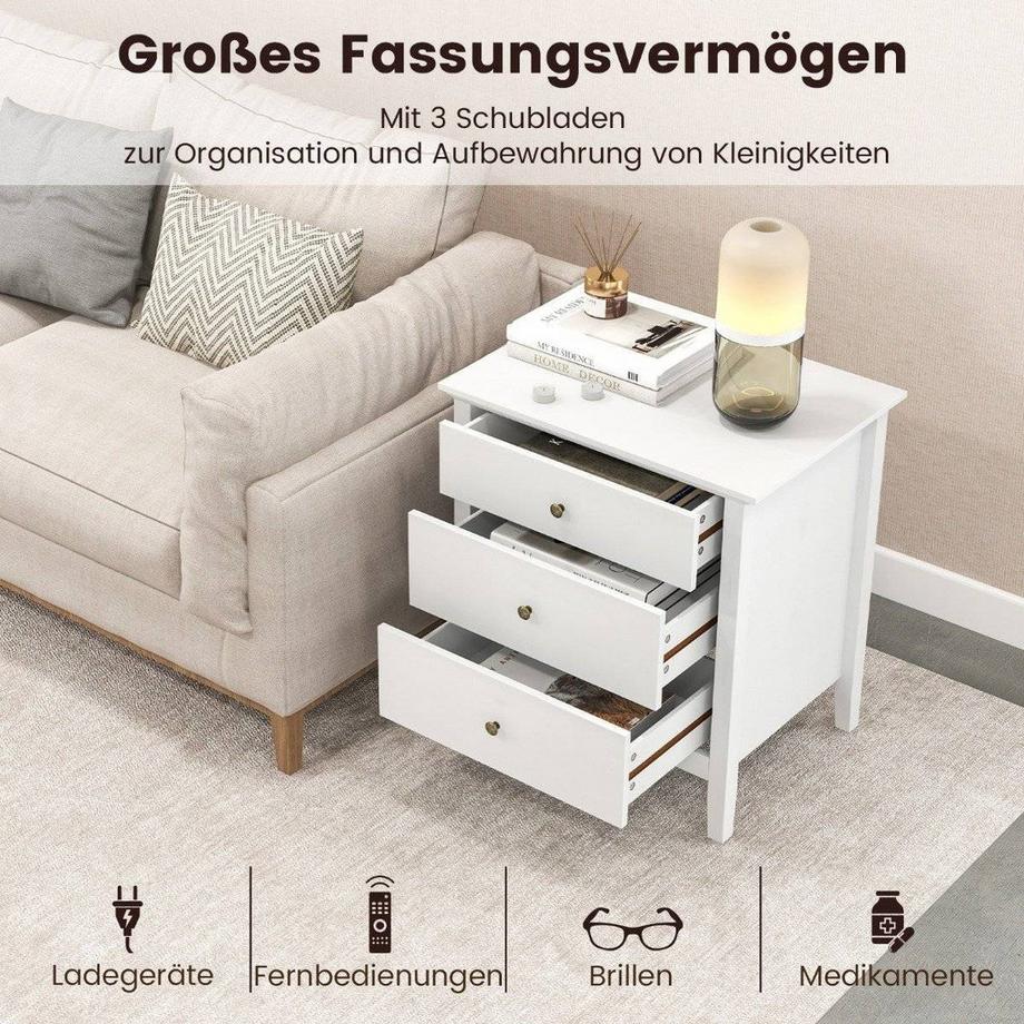 Nachttisch mit 3 Schubladen Nachtschrank für Boxspringbett 56 x 45 x 66 cm Weiß