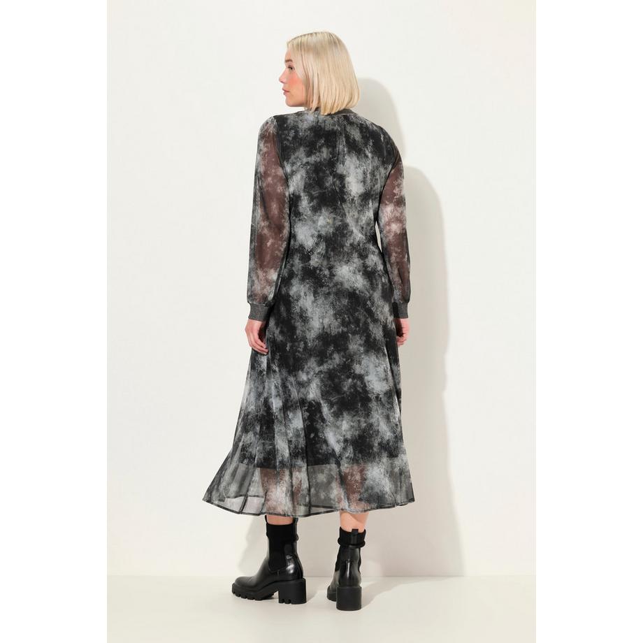 Ulla Popken Smok Midikleid Batikmuster V-Ausschnitt Langarm  