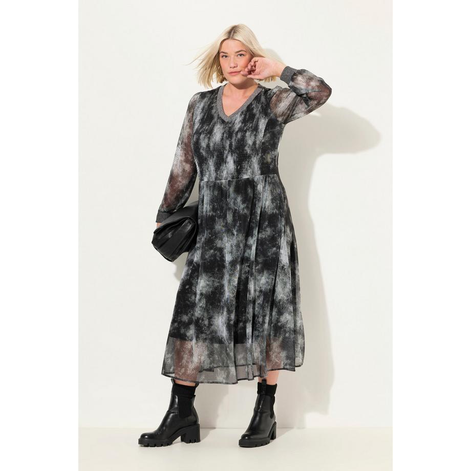 Ulla Popken Smok Midikleid Batikmuster V-Ausschnitt Langarm  