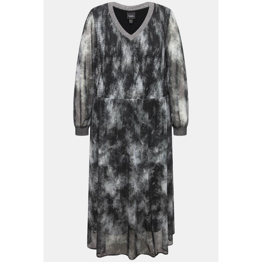 Ulla Popken Smok Midikleid Batikmuster V-Ausschnitt Langarm  