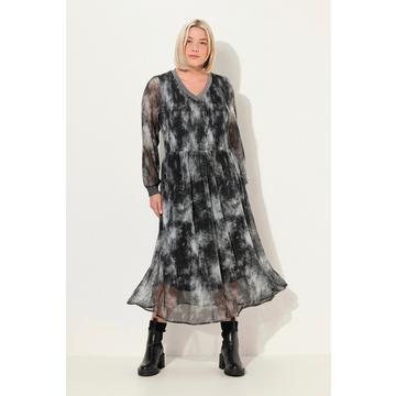 Smok-Midikleid, Batikmuster, V-Ausschnitt, Langarm