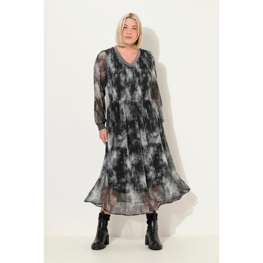 Ulla Popken Smok Midikleid Batikmuster V-Ausschnitt Langarm  