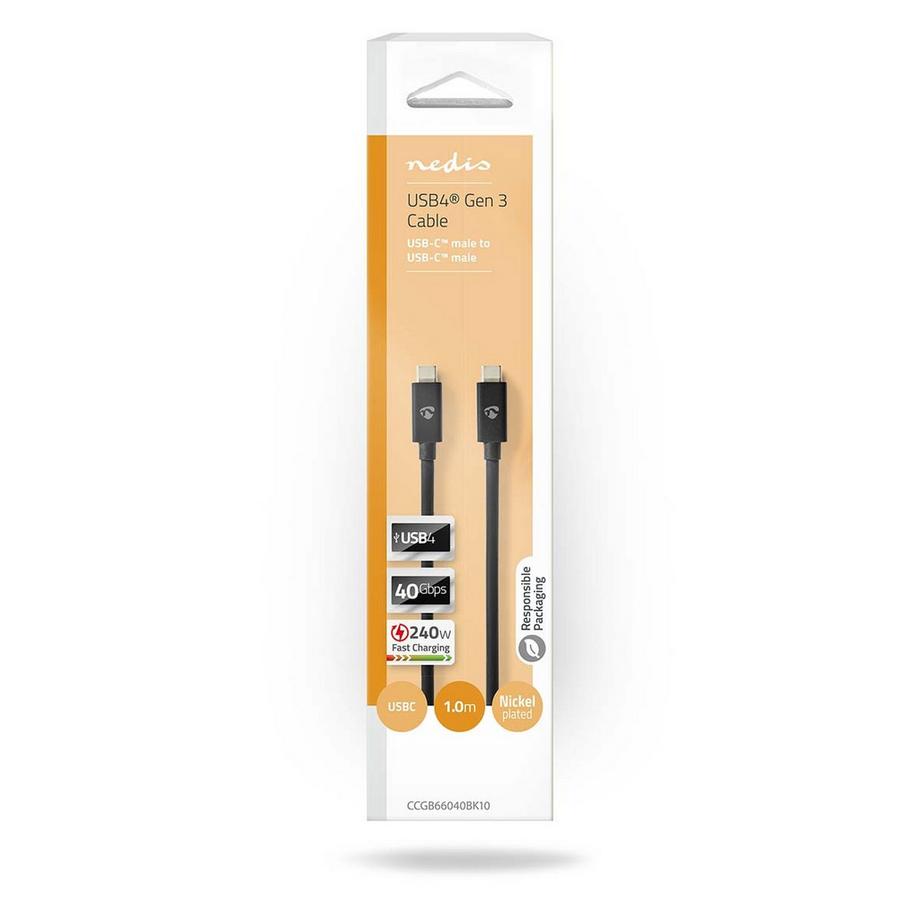 Nedis  Câble USB | USB 4.0 Gen 3x2 | USB-C™ mâle | USB-C™ mâle | 240 W | 8K@60Hz | 40 Gbps | Nickelé | 1,00 m | Rond | PVC | Noir | Boîte 
