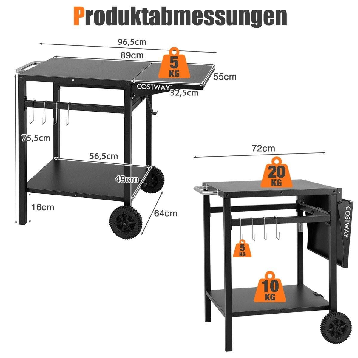 B2X Grillwagen mit Klappbarer Tischplatte & 2 Ablagen & 4 Haken Beweglicher Campingtisch  