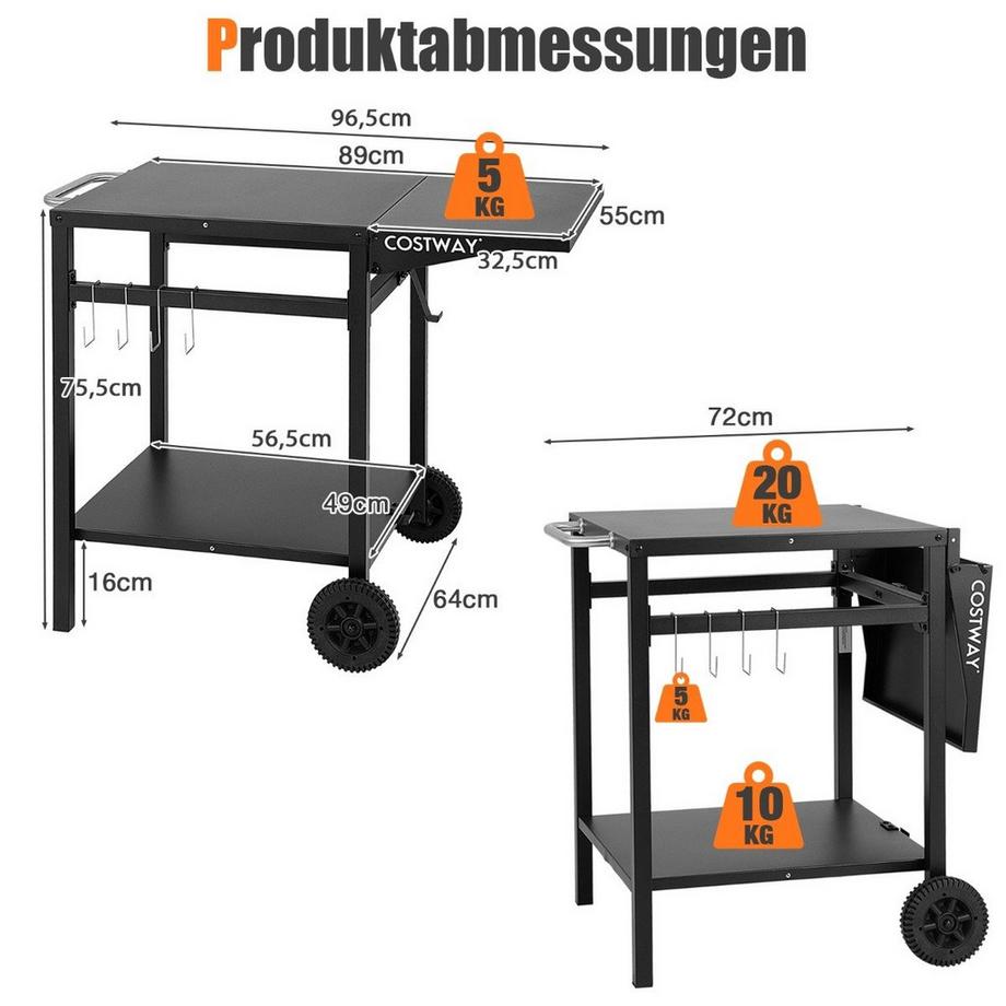 B2X Carrello per barbecue con piano pieghevole, 2 ripiani e 4 ganci. Tavolo da campeggio mobile  
