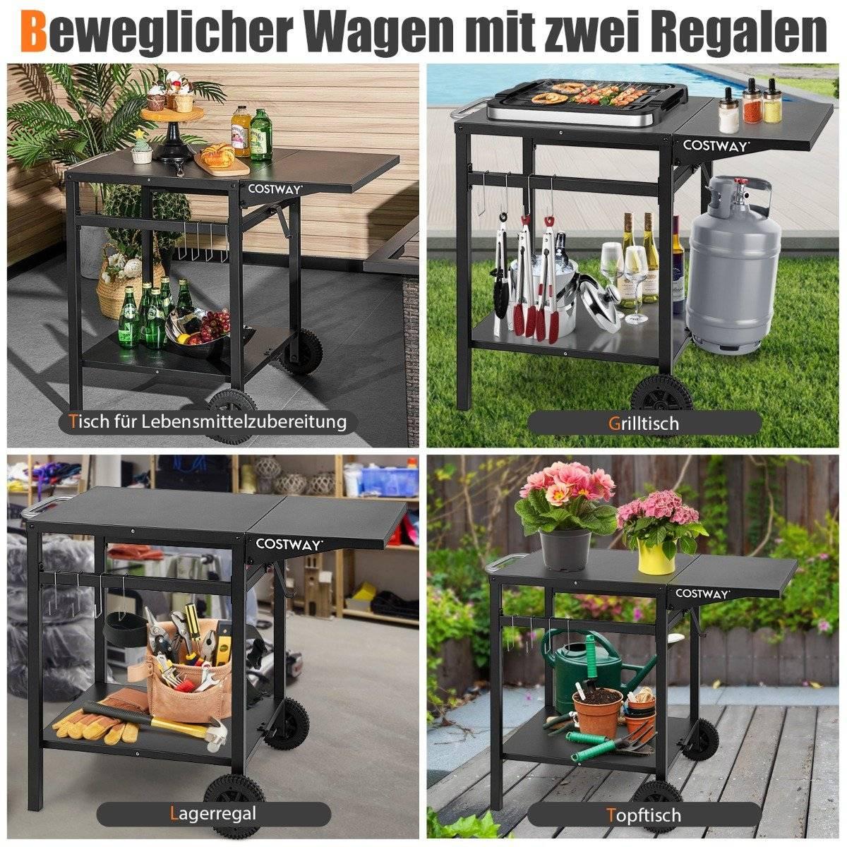 B2X Grillwagen mit Klappbarer Tischplatte & 2 Ablagen & 4 Haken Beweglicher Campingtisch  