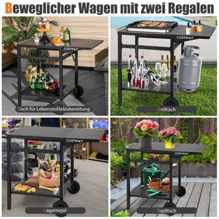 B2X Grillwagen mit Klappbarer Tischplatte & 2 Ablagen & 4 Haken Beweglicher Campingtisch  