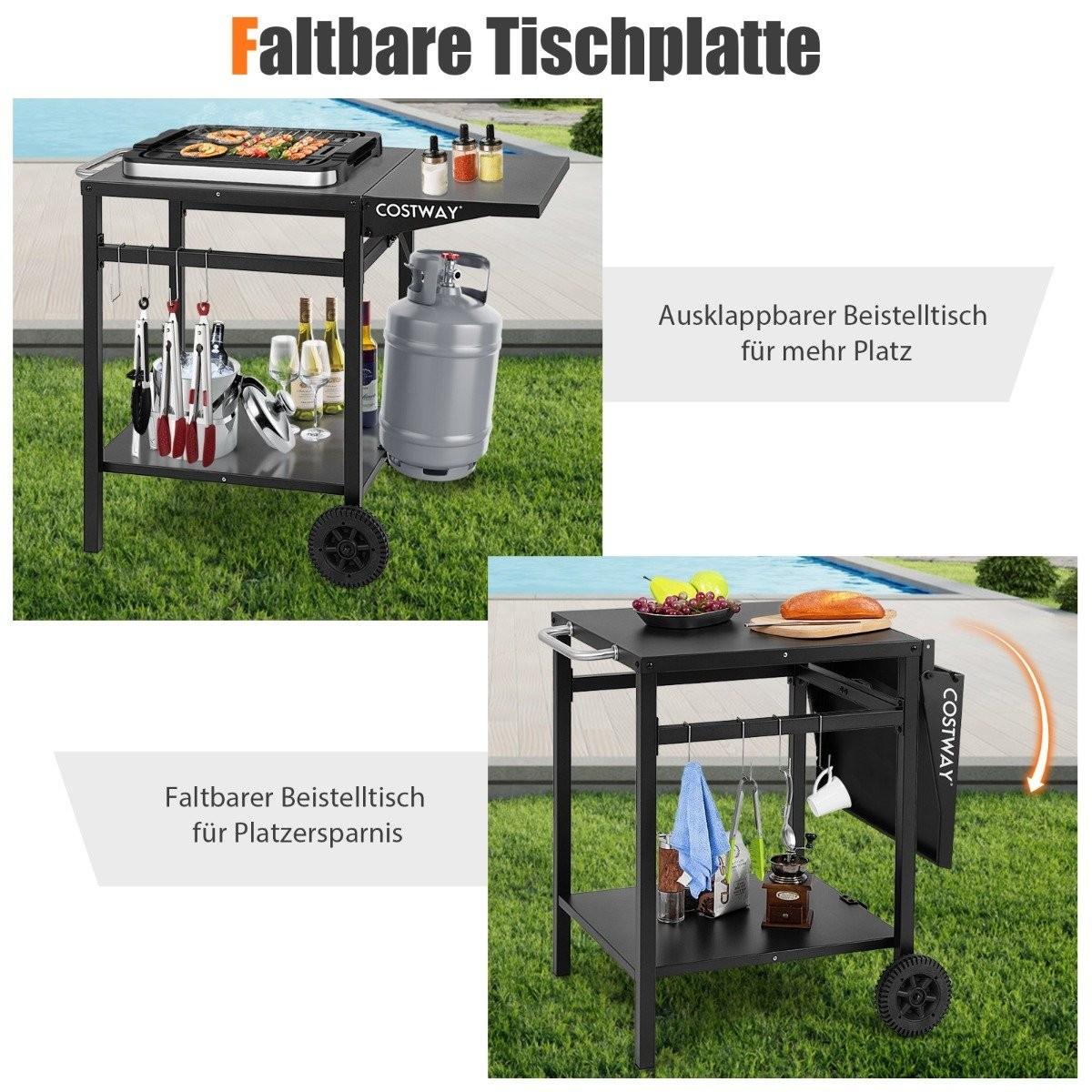 B2X Grillwagen mit Klappbarer Tischplatte & 2 Ablagen & 4 Haken Beweglicher Campingtisch  