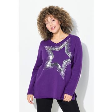 Maglione con stella di paillettes, scollo a V e maniche lunghe