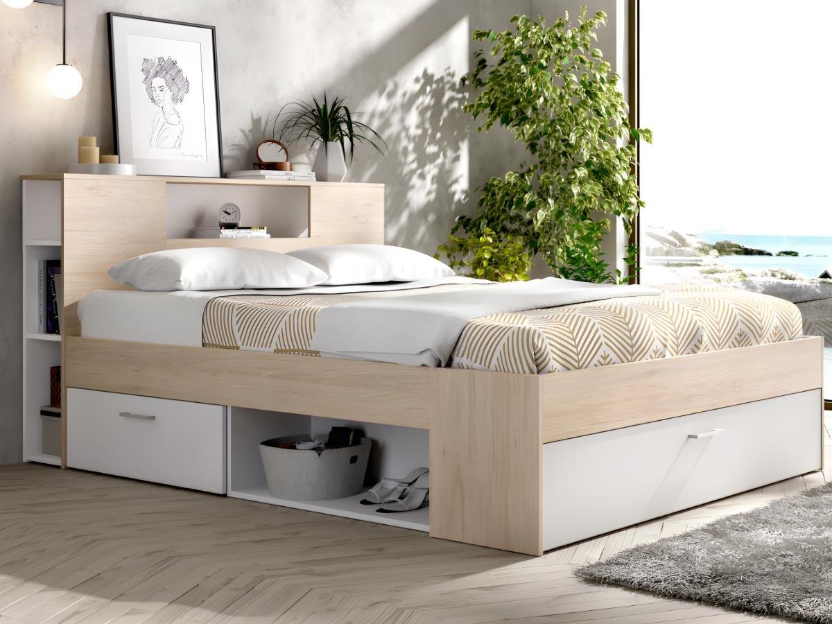 Vente-unique Letto con testata con vani portaoggetti e cassetti 140 x 190 cm: Naturale e Bianco + Rete LEANDRE  