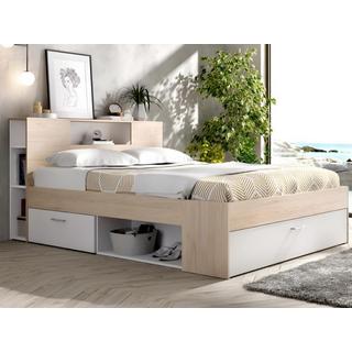 Vente-unique Letto con testata con vani portaoggetti e cassetti 140 x 190 cm: Naturale e Bianco + Rete LEANDRE  