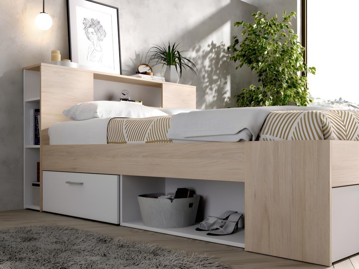 Vente-unique Letto con testata con vani portaoggetti e cassetti 140 x 190 cm: Naturale e Bianco + Rete LEANDRE  