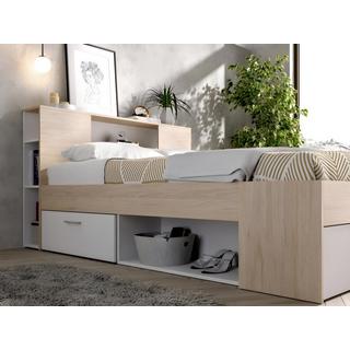 Vente-unique Letto con testata con vani portaoggetti e cassetti 140 x 190 cm: Naturale e Bianco + Rete LEANDRE  