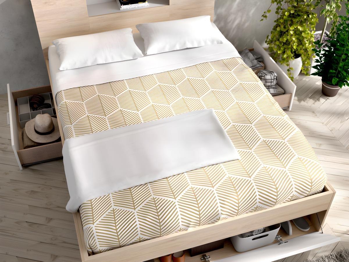 Vente-unique Letto con testata con vani portaoggetti e cassetti 140 x 190 cm: Naturale e Bianco + Rete LEANDRE  