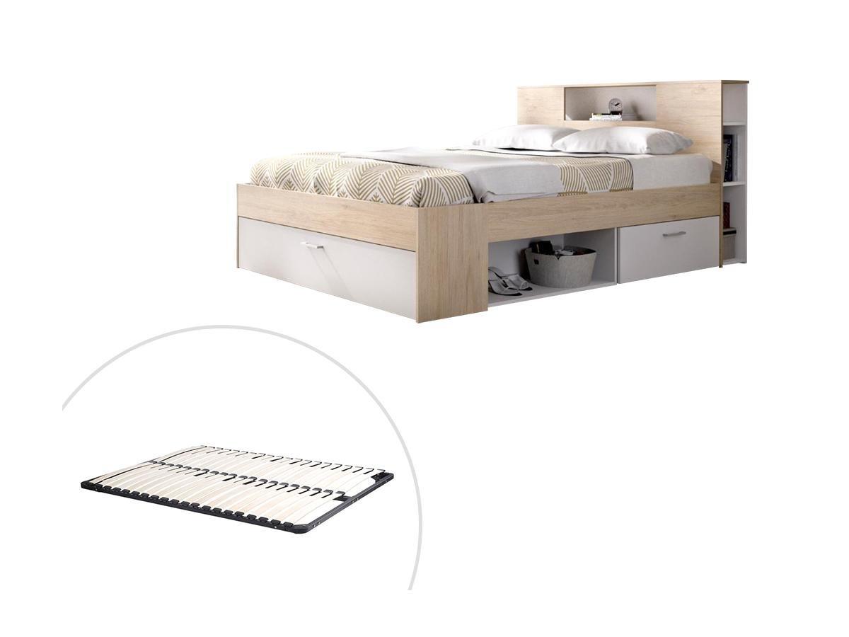 Vente-unique Letto con testata con vani portaoggetti e cassetti 140 x 190 cm: Naturale e Bianco + Rete LEANDRE  