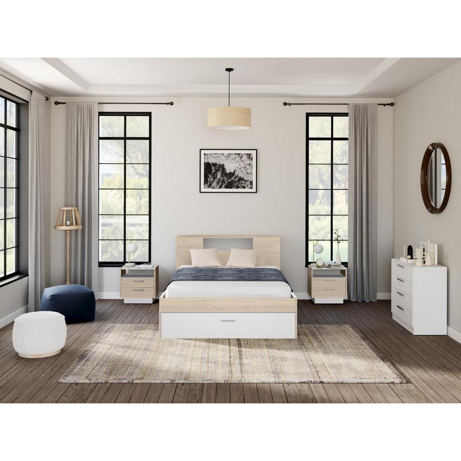 Vente-unique Letto con testata con vani portaoggetti e cassetti 140 x 190 cm: Naturale e Bianco + Rete LEANDRE  