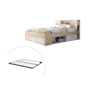 Vente-unique Letto con testata con vani portaoggetti e cassetti 140 x 190 cm: Naturale e Bianco + Rete LEANDRE  