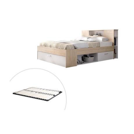 Vente-unique Letto con testata con vani portaoggetti e cassetti 140 x 190 cm: Naturale e Bianco + Rete LEANDRE  