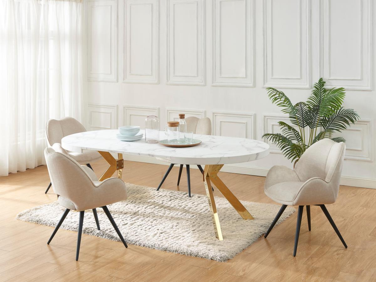 Vente-unique Tavolo da pranzo allungabile da 4 a 8 coperti in MDF e Acciaio Effetto marmo Bianco e Dorato - KOMONI  