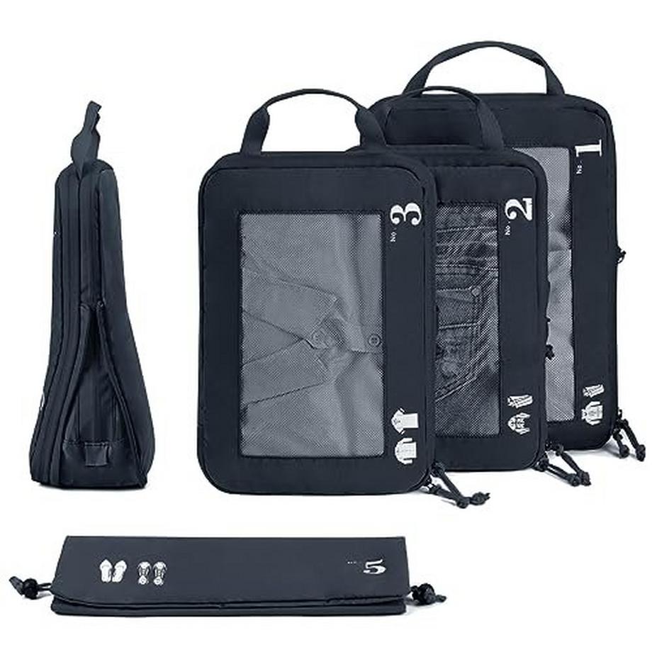 Only-bags.store  5-teiliges Kompressionskoffer-Organizer-Set für Rucksack Kompressionspackwürfel Packwürfel Kofferorganisator Packtaschen Kleidersäcke für Koffer Reiseorganisator (dunkelblau) 
