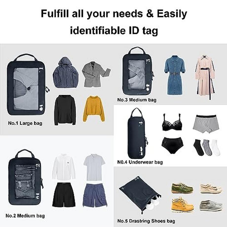 Only-bags.store  5-teiliges Kompressionskoffer-Organizer-Set für Rucksack Kompressionspackwürfel Packwürfel Kofferorganisator Packtaschen Kleidersäcke für Koffer Reiseorganisator (dunkelblau) 