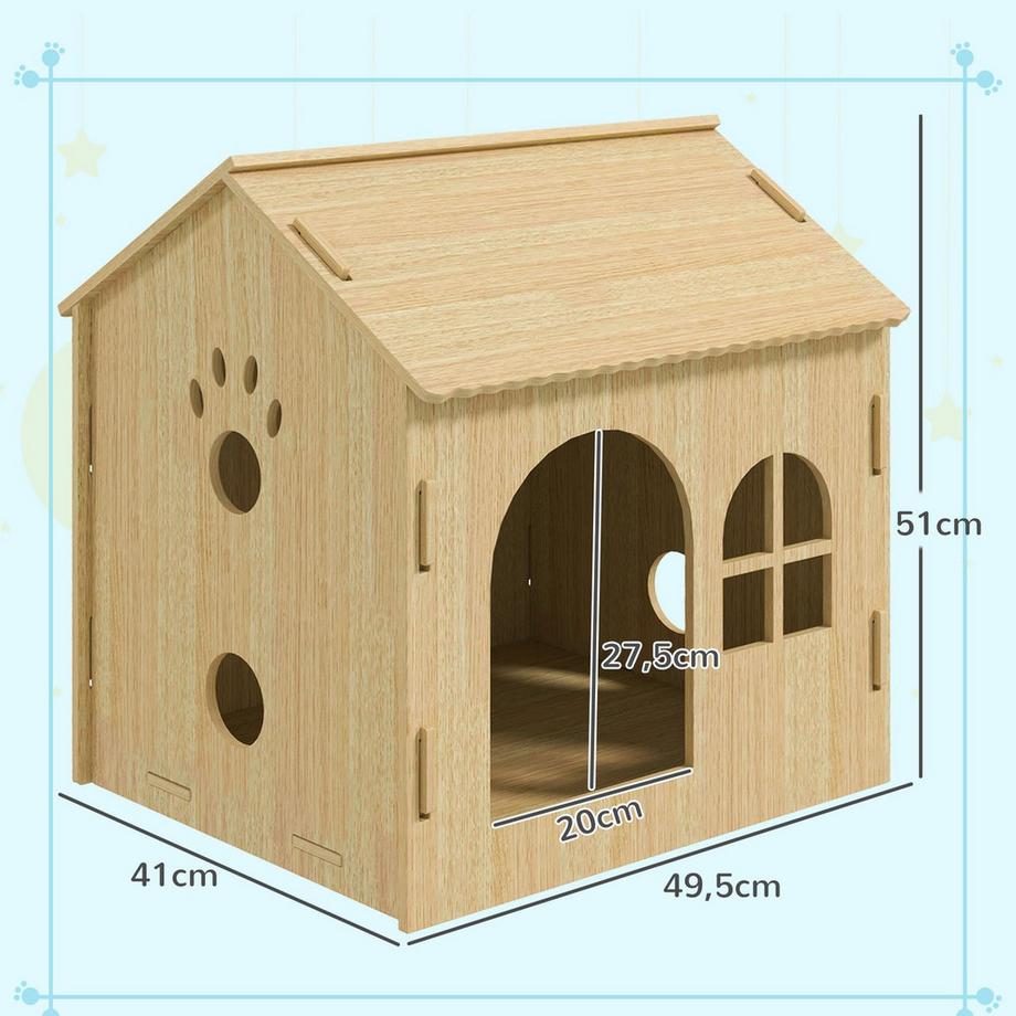 Northio  Hundehütte mit Fenster, Katzenhaus mit niedliches Pfoten-Design, Montage ohne Schrauben, für kleine Hunde unter 4 kg, Indoor, 49,5 x 41 x 51 cm, Eiche 