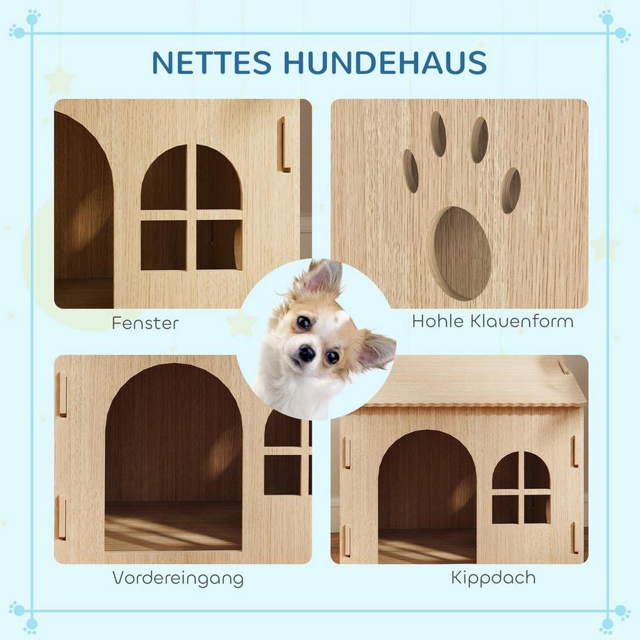 Northio  Hundehütte mit Fenster, Katzenhaus mit niedliches Pfoten-Design, Montage ohne Schrauben, für kleine Hunde unter 4 kg, Indoor, 49,5 x 41 x 51 cm, Eiche 