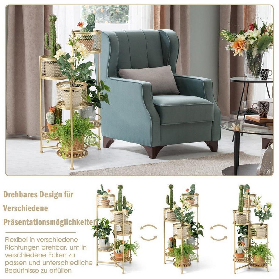 Northix 6 Etagen Metall Pflanzenständer mit Drehbares Design Blumentreppe Blumentopfhalter Gold  