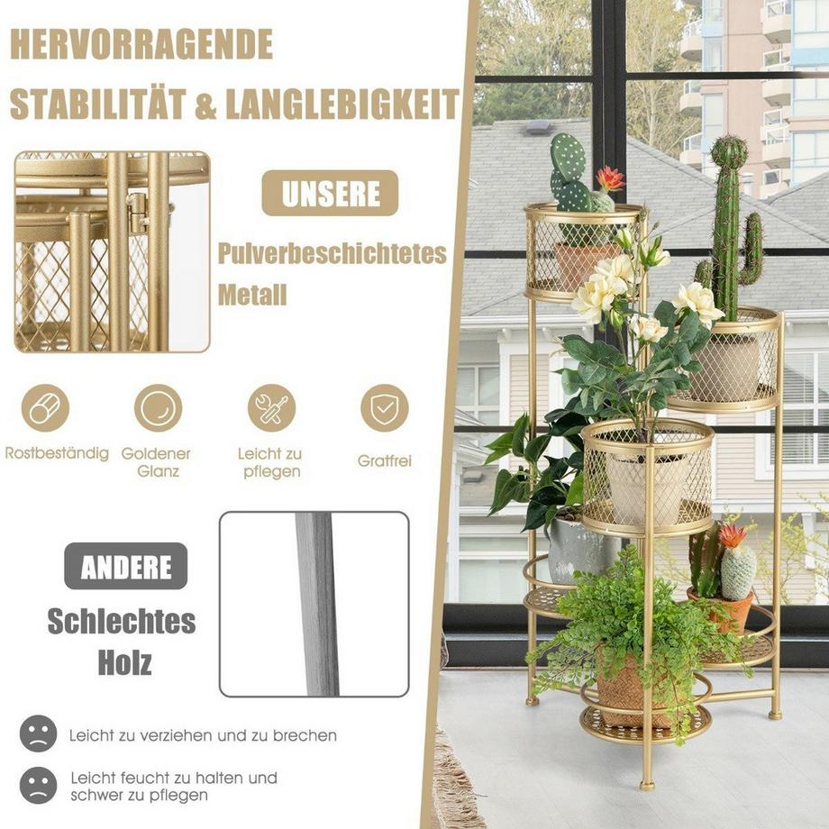 Northix 6 Etagen Metall Pflanzenständer mit Drehbares Design Blumentreppe Blumentopfhalter Gold  