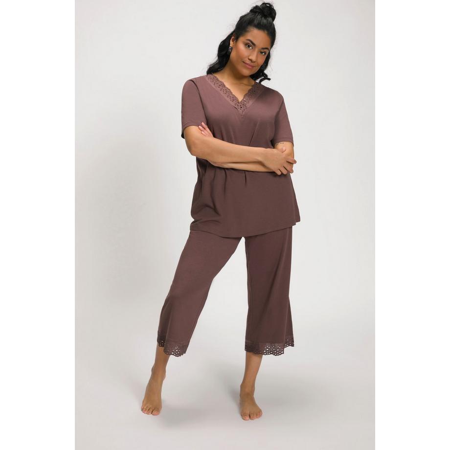 Ulla Popken Pigiama Ricamo Traforato Scollo a V Mezza Manica Misto Modal  