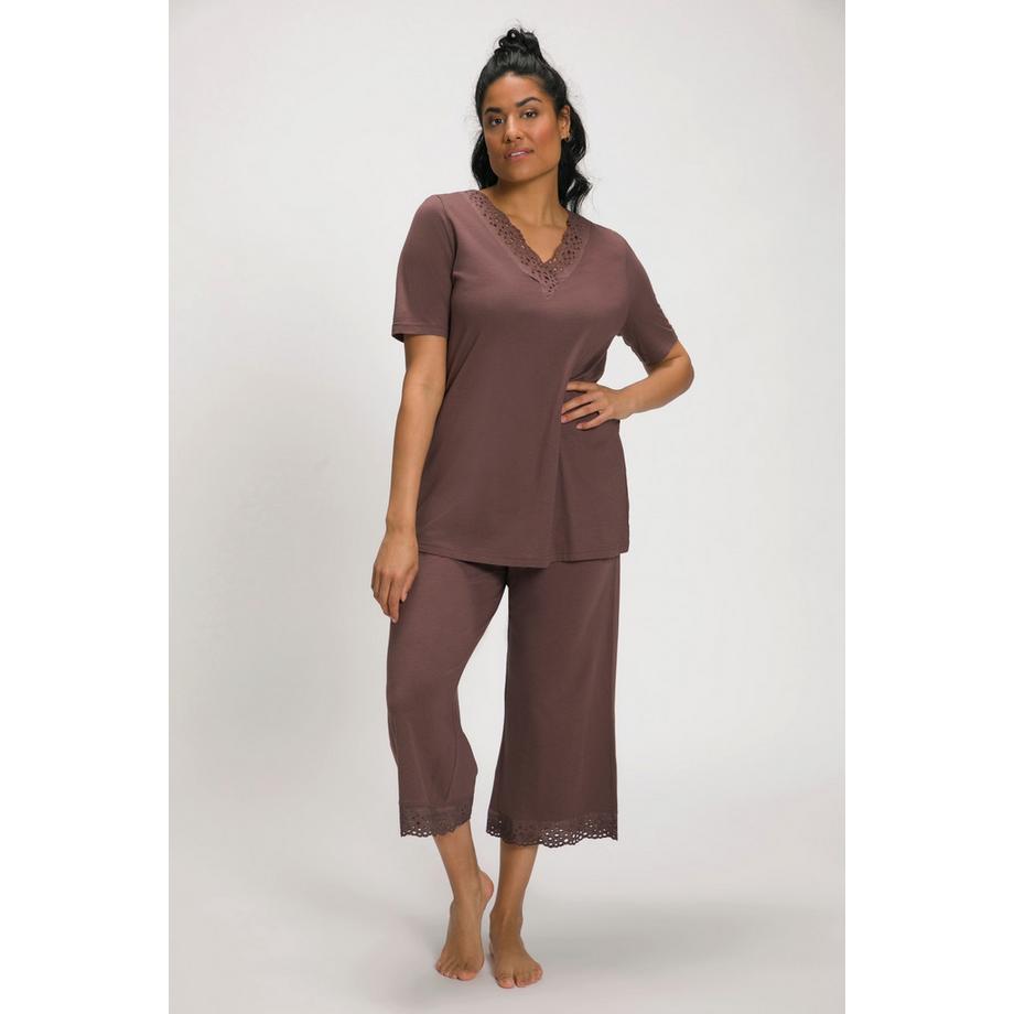 Ulla Popken Pigiama Ricamo Traforato Scollo a V Mezza Manica Misto Modal  