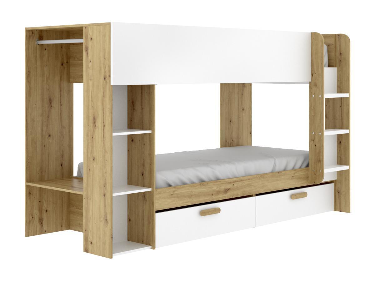 Vente-unique Etagenbett mit Stauraum & Kleiderstange + Matratze - 2 x 90 x 200 cm - Weiß & Holzfarben - OZANA  