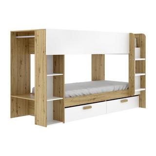 Vente-unique Etagenbett mit Stauraum & Kleiderstange + Matratze - 2 x 90 x 200 cm - Weiß & Holzfarben - OZANA  