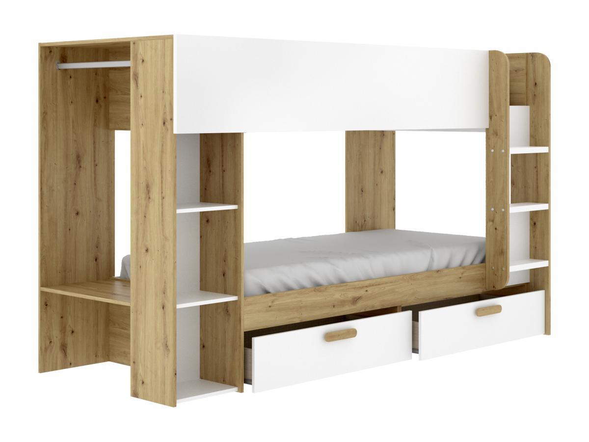 Vente-unique Letto a castello 2x90x200 con vani portaoggetti e bastone appendiabiti Bianco e naturale + Materasso  - OZANA  