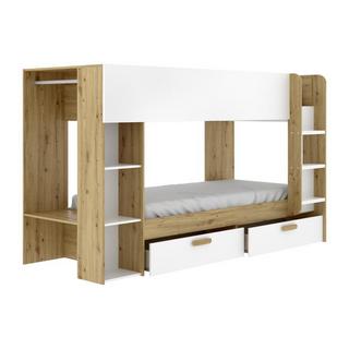 Vente-unique Letto a castello 2x90x200 con vani portaoggetti e bastone appendiabiti Bianco e naturale + Materasso  - OZANA  