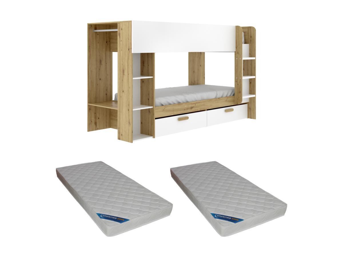 Vente-unique Etagenbett mit Stauraum & Kleiderstange + Matratze - 2 x 90 x 200 cm - Weiß & Holzfarben - OZANA  