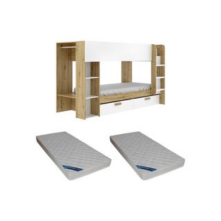 Vente-unique Letto a castello 2x90x200 con vani portaoggetti e bastone appendiabiti Bianco e naturale + Materasso  - OZANA  