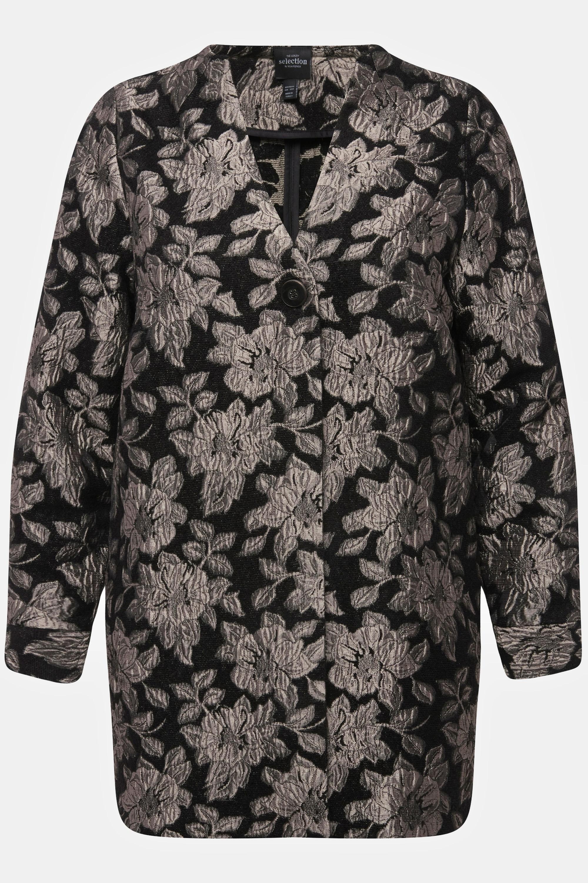 Ulla Popken  Jacke, Metallic-Blüten-Jacquard, V-Ausschnitt 