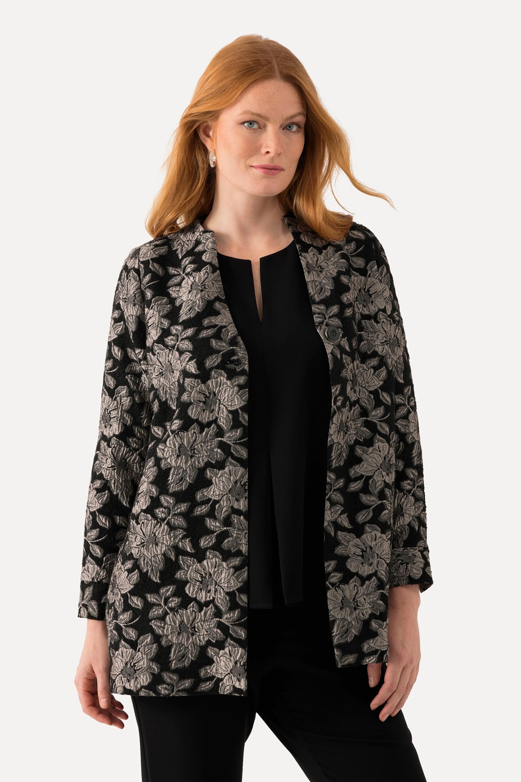 Ulla Popken  Jacke, Metallic-Blüten-Jacquard, V-Ausschnitt 