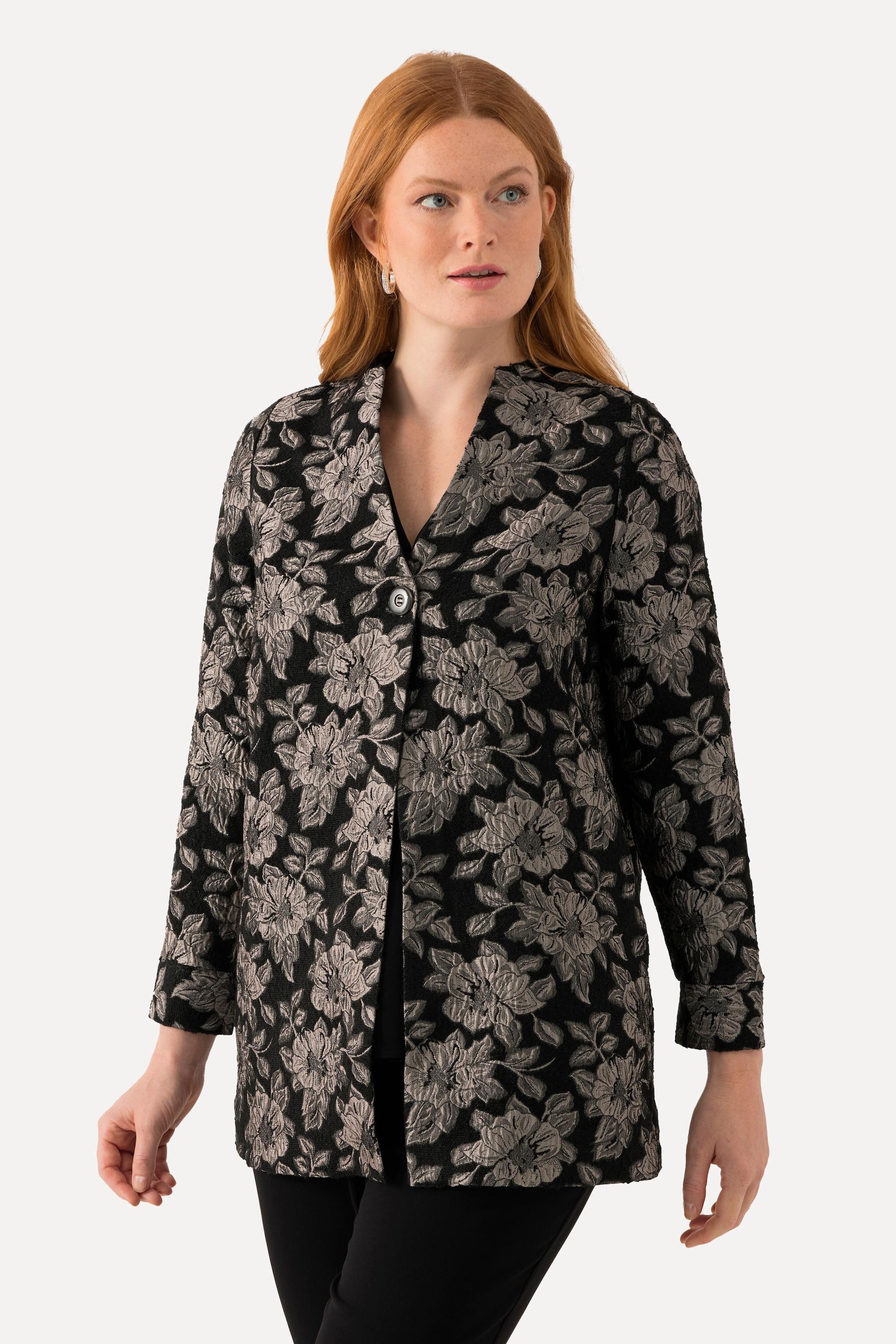 Ulla Popken  Jacke, Metallic-Blüten-Jacquard, V-Ausschnitt 