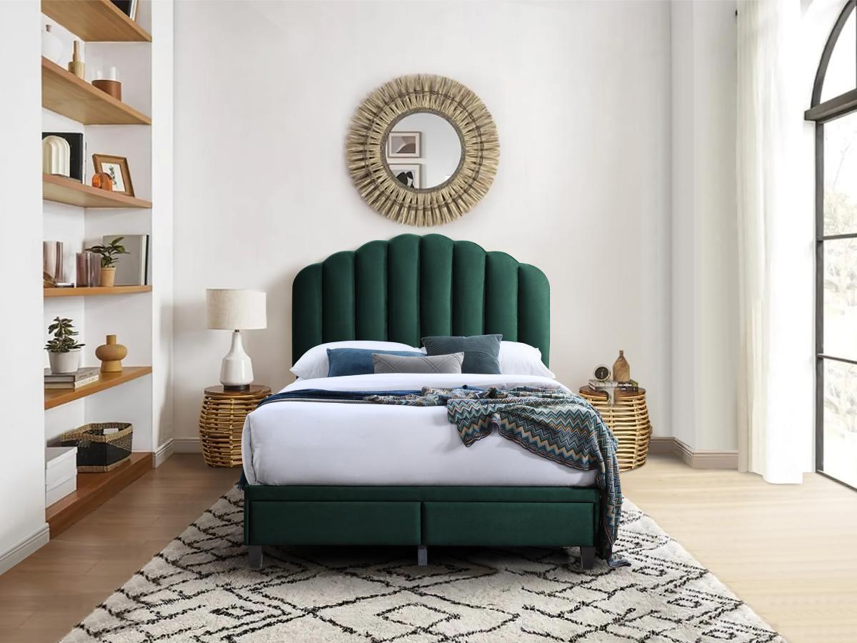 Vente-unique Letto 160 x 200 cm con cassetti Velluto Verde abete + Materasso  - ILISIO  