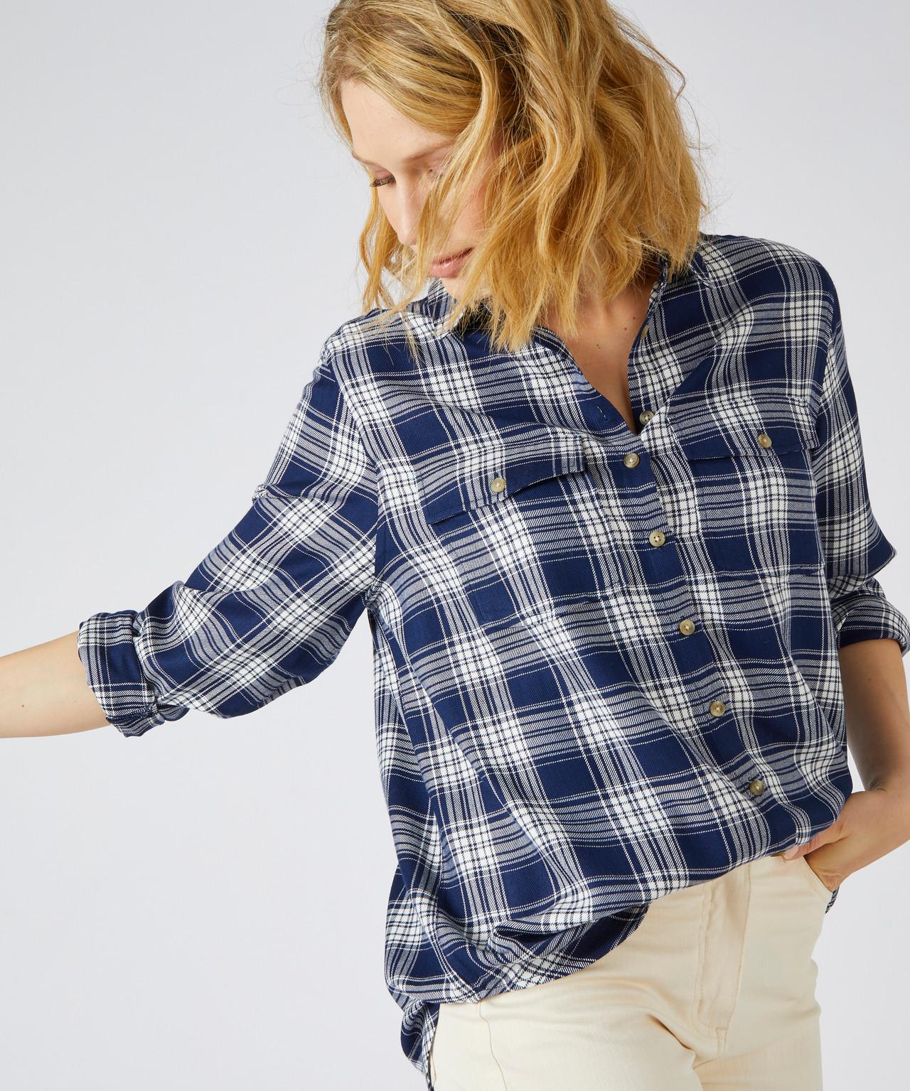 Image of Karierte Tunikabluse, Lange Ärmel Mit Geknöpften Manschetten, Weite Passform, Reine Viskose. Damen Blau 40