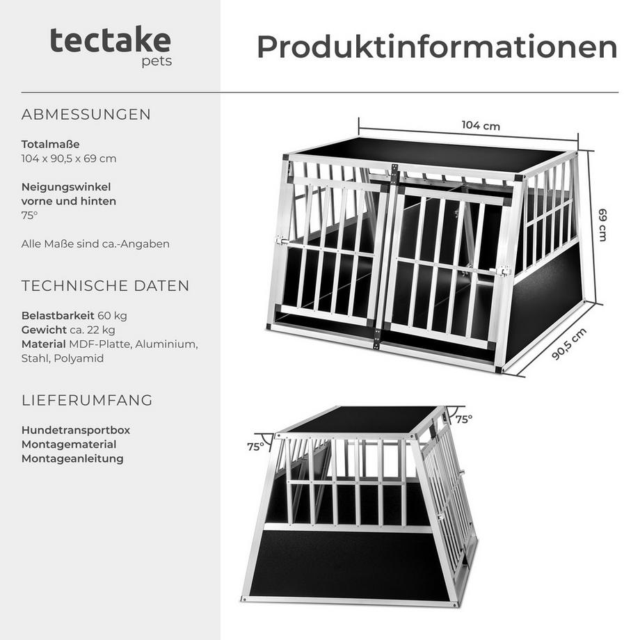Tectake  Hundetransportbox doppel  mit schräger Rückwand aus Aluminium, robust und pflegeleicht 