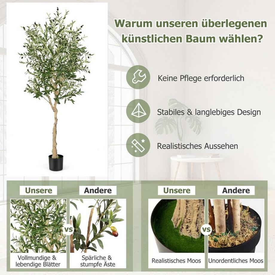 Northix  Künstlicher Olivenbaum mit 1296 Blättern & 72 Früchten Olivenpflanzen 182 cm 
